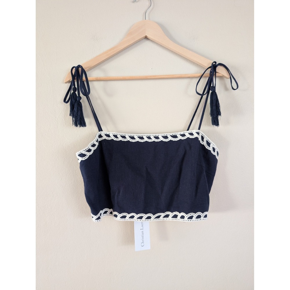 Christian Lacroix Navy Blue Linen Crochet Tassel Tie Crop Top M Festival Summer - Picture 5 of 9